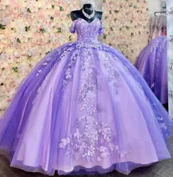 Lilac Off The Shouler Ball Gown Quinceanera Dresses For Girls 2023 Beaded Celebrity Party Gowns Appliques. A: The item...