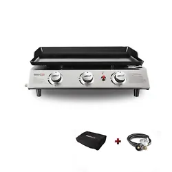This griddle has 3 round stainless steel burners, which providea total of 26,400 BTU output. Large cooking space is...
