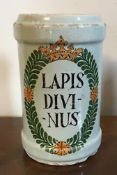 Antique 18th century Delft tin glaze faience pottery apothecary jar labelled 