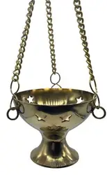 A brass burner with the option to set on a surface or hang from the chains. Uniquely shaped vessel with several star...