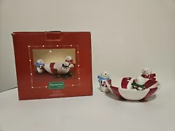 Christmas Candy Dish Peppermint Lane Candy Dish festive Christmas Collectible pottery 3 snowmen with red and white...