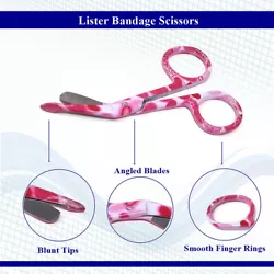 Bandage scissors have angled blades with one blunt end safety tip on the bottom blade. The blunt tip design of the...