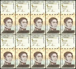 The obverse of the yellow banknote features Venezuelan leader Simon Bolivar. On the reverse are the coat of arms of...