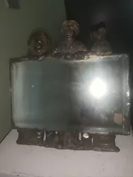 ANTIQUE CAST IRON TABLE TOP FRAME w ATTACHED MIRROR BOY GIRL DOG CAT SEE PHOTOS. SELLING AS IS AS FOUND CONDITION FROM...