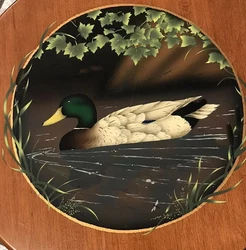L. HITCHCOCK MALLARD DUCK BIRD STENCIL PAINTED BLACK STOOL ROUND SEAT CHAIR. Very good vintage condition. see...