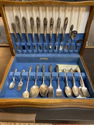 Vintage WM Rogers & Son Silverware Plated 65 piece Set Rose jubilee? W/wood Case. As is, shown in photos. Not sure the...