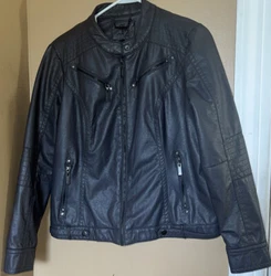J2 by Jou Jou Grey Leather Motorcycle Full Zip Lined Faux Fur Jacket Wmns Sz XL.