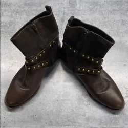 Coach brown leather and suede boot, side zipper. Gold tone studs and buckles, excellent condition.