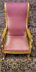 Vintage Antique Rocker Rocking Chair Wood Carved Swan Goose Neck Arms Upholstery.