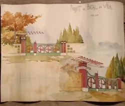 Plan portail de maison peint à laquarelle en 1937, signé Paséro ? Format papier 63 x 48 cm. . Bon état, quelques...