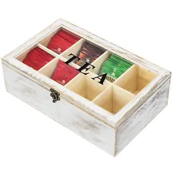 Whitewashed wood tea bag storage box with clear acrylic panel and bold TEA lettering perfect for organizing tea bags...