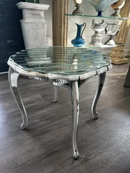 Antique estate find gorgeous rippled wave wood mirrored end accent table stand. Legs and base have wood and mirror...