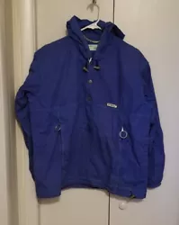 Off White Anorak Jacket Size S Blue Pullover Logo Windbreaker FLAWS. Top to bottom 27 inches. Pit to pit 24 inches. 2...