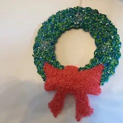 Vintage Melted Plastic Popcorn Christmas Wreath with Bow & Sparkles. 15 inches in diameter.