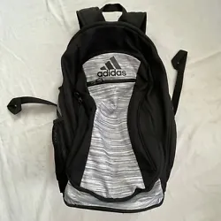 Adidas Black Gray Backpack 3 Stripe Large Mesh Cinch Pocket. Condition is Pre-owned. Shipped with USPS Ground Advantage.