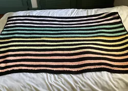 Vtg knit/ crochet throw blanket afghan 64 “x 40 “ stripe multicolor. Handmade some imperfections but still in good...