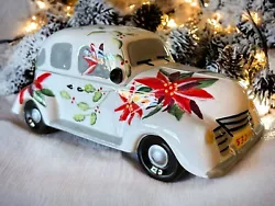 AppleTree Designs Ceramic Poinsettia Christmas Car. Candy dish / small cookie jar.