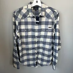 Lucky Brand Mens Large Shirt Snap Button Up Plaid Saturday Stretch Blue cream.