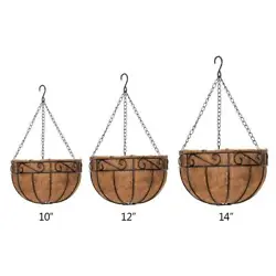Material: Coir iron. Sturdy round hanging grower basket constructed of strong steel rod with a tough black vinyl...