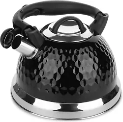 Solid stainless steel constructed 2.8 Quart / 3 Liter teakettle. Whistling teakettle alerts when water is boiling. BTAT...