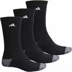3 Pair of Adidas Athletic Cushioned Socks. Cushioned Footbed. Crew Length. Black with White Logo.
