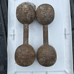 Vintage Antique Cast Iron Dumbbells Round Head Hand Weight 10 Lbs each Lot Of 2. As found Should clean up just fine...