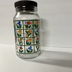 Vintage Clear Glass Nina Kitchen Canister with Flowers wood lid 1983 9.5” Tall. Please see all pictures for details...