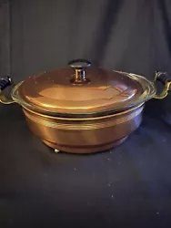 Copper Casserole Holder w/Pyrex 1.1/2 Qt Clear Bowl Rare Vintage. Beautiful copper Pyrex dish holder with wooden...