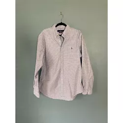 Ralph Lauren Mens slim fit stretch long sleeve blue/navy/white checked oxford x-large. cotton/ 2% elastane. Measures...