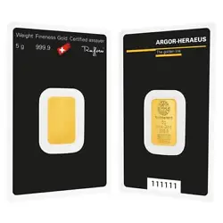 Manufactured by Argor-Heraeus, this bar contains. 9999 fine gold and weighs 5 grams. Argor-Heraeus consistently...