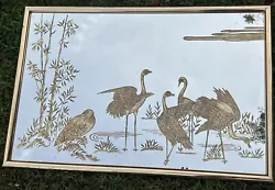 Vintage Hollywood Regency Wall Mirror Etched Gold Heron Crane Birds MCM Large. Absolutely stunning MCM Hollywood...