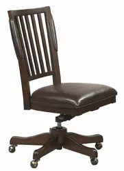 The padded leather seat gives added luxury. Swivel feet make this chair easy to move. Slat back designed chair....
