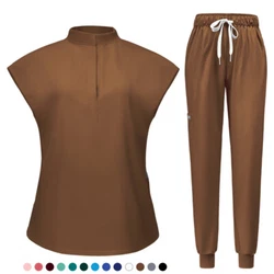 V-shaped Stand-up Collar Solid Color Short Sleeve Elastic Drawstring Waist Jogger Leg Pants Work Clothes Set....