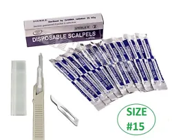 ITEM: 10 DISPOSABLE STERILE SURGICAL SCALPELS # 15 WITH PLASTIC HANDLE. 10 DISPOSABLE STERILE SURGICAL SCALPELS #15...