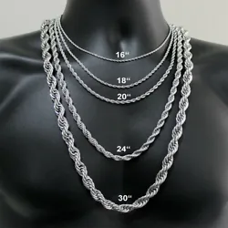 The rope chains material is Stainless Steel. Solid and heavy feel. These chains securely lock with a durable lobster...