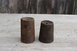 pair of antique original  Seth Thomas ogee weight driven shelf clock weights , they measure 3  3/4  