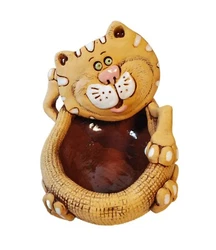 Cat Shaped Brown Ceramic Planter Clay Plants Pot Handmade Kitten Figurine.