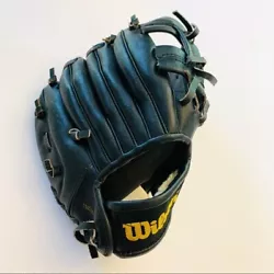 Wilson black leather baseball glove missing size markings.