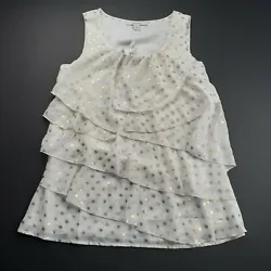 Dress Barn sleeveless top with tiered ruffles in ivory with gold print is fully lined. Chest 17.5