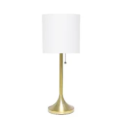 •Gold metal base •White fabric shade •Pull chain on/off switch •Uses 1 x 40W medium type A base bulb (not...