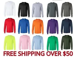 Camp Shirts. Gildan G240 Adult Ultra Cotton® 6 oz. Long-Sleeve T-Shirt. Dark Heather, Safety Green and Safety Orange...