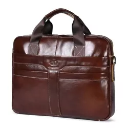 Bullcaptain men genuine cow leather business laptop shoulder bag. Front 2 pockets  open, one big pocket with zip, back...