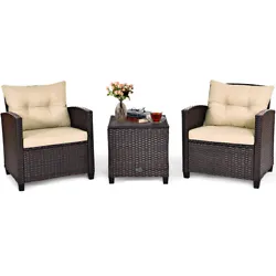 Material: rattan, steel, polyester fabric, sponge  Color of Wicker: mix brown  Dimension of Sofa: 26.5