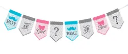 Add this cute gender reveal bunting to your event decorations. Banner includes the words 