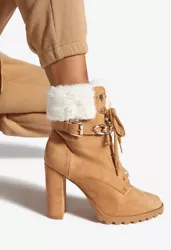 NIB Tan Faux Suede Faux Fur Block Heel Booties SZ 10 MSRP $90DetailsA lace-up, lug sole bootie with a block heel, faux...