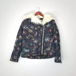 Free People Womens XS Jacquard Wool Penny Lane Coat Faux Fur Moto Zipper Jacket. Pre-loved condition, some pilling on...