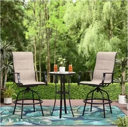 Relax outdoors with theMainstays Bar Height Bistro Highland Knolls Chairs and Table Set. Featuringtwo sling bar chairs...