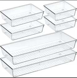 6 Pack Clear Plastic Drawer Organizer Set, Acrylic Non Slip Non Cracking Kitchen Drawer Storage Tray Large Size...