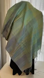 Exquisite NATURAL HABITAT London Fine Silk Scarf Wrap in Earthy Blues & Greens with Fringe. 100% Pure Luxurious...