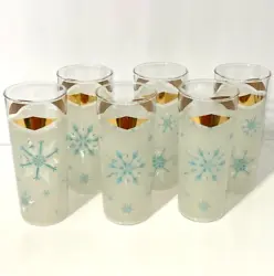 6 Vtg Aqua Gold Frosted Atomic Snowflake Glasses 16 OUNCE Water Tea Tumblers. Gold diamonds range from good to very...